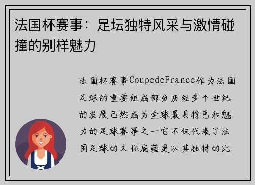 法国杯赛事:足坛独特风采与激情碰撞的别样魅力